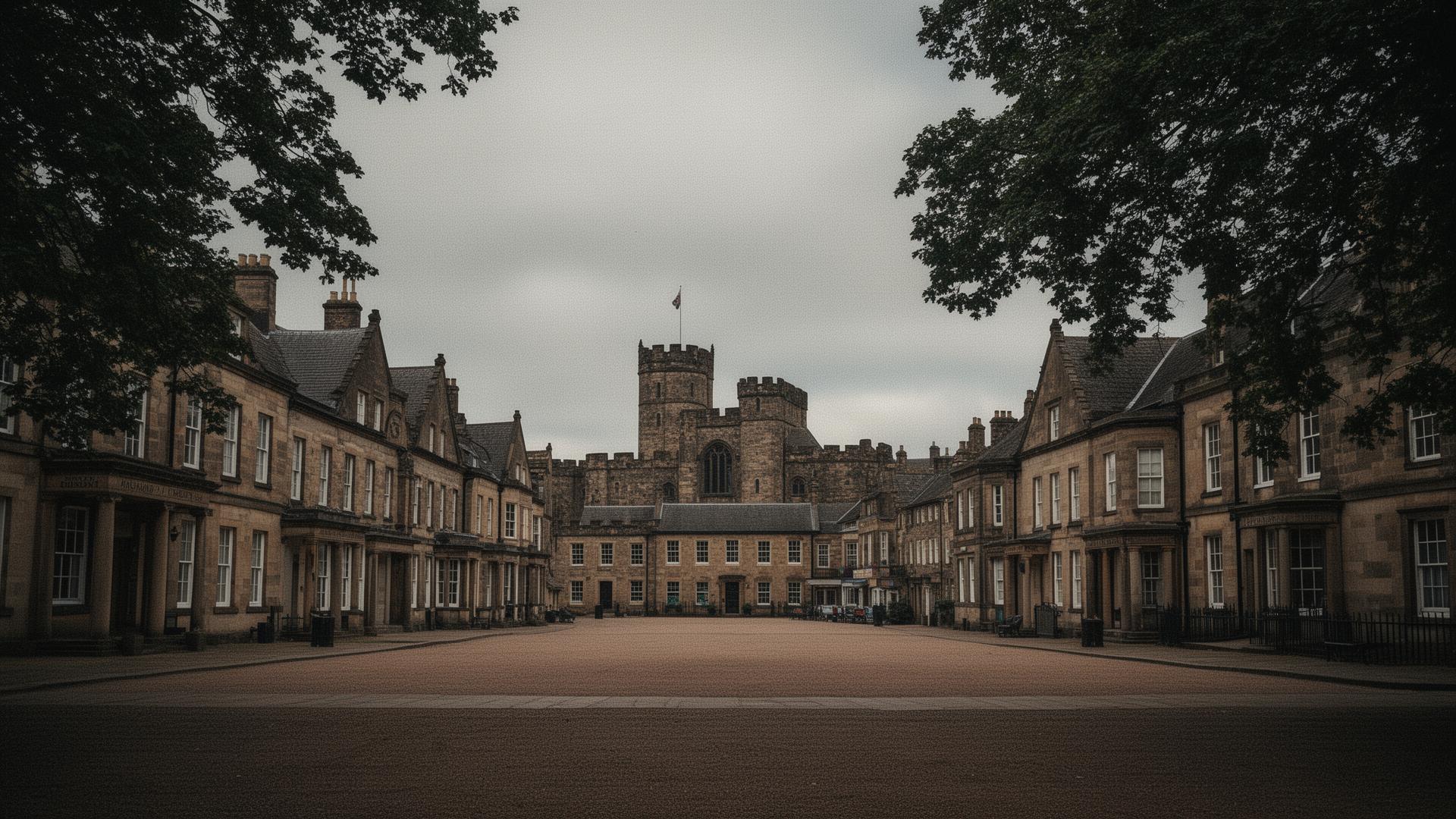 Auckland Castle and Georgian buildings on the market place at Bishop Auckland
