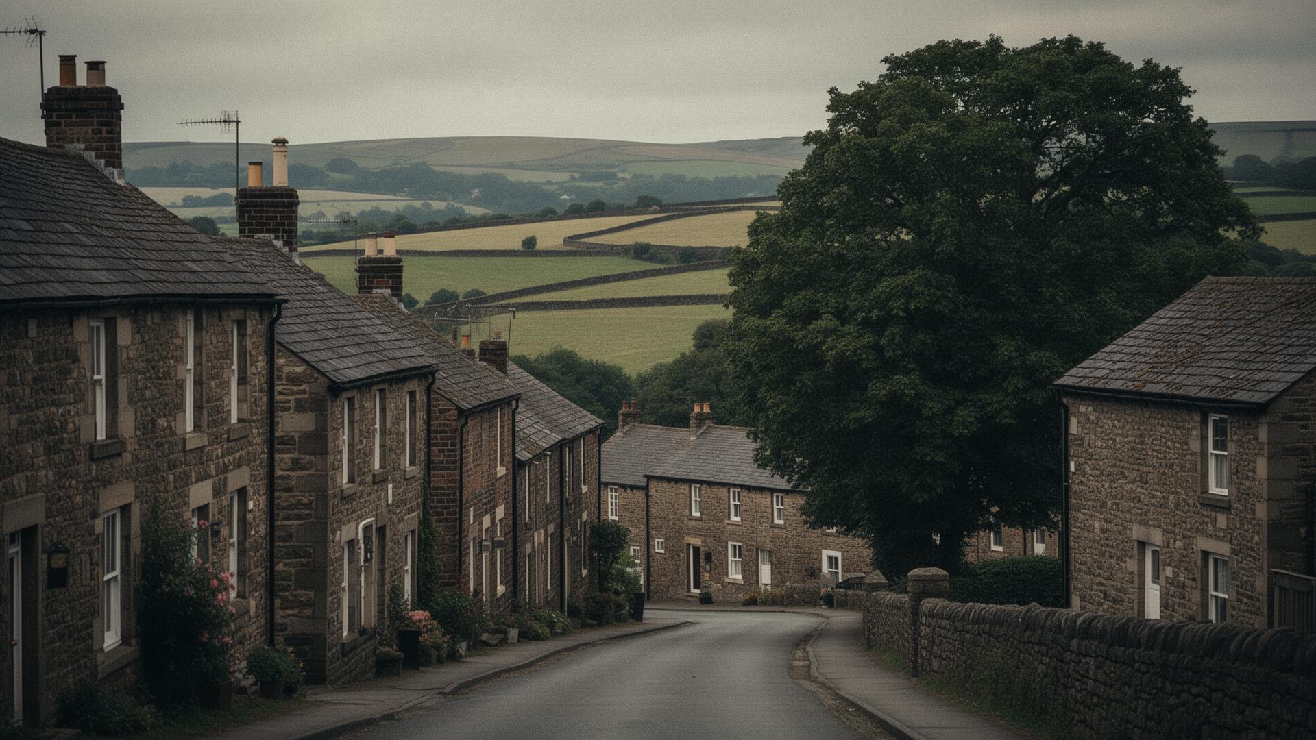 Stone cottages and quiet country lane in the village of Byers Green, County Durham