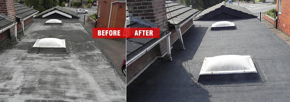 Before and after flat roof repair with skylights restored to clean condition